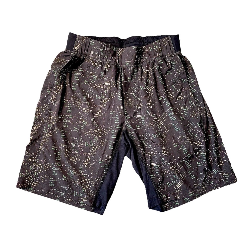 Lululemon Mens Medium Lined 9" Pace Breaker Running Shorts Geometric Print Black